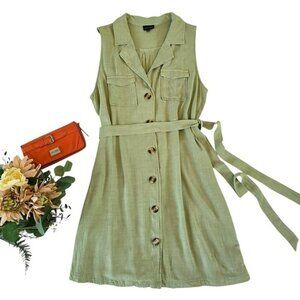 Zenobia Women's Mini Dress Size 1XL Light Green Button Down Sleeveless Tie Belt